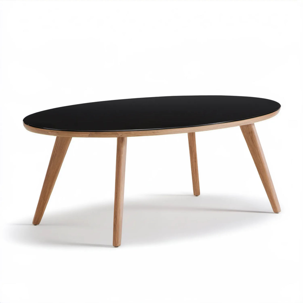 Owalny stolik kawowy 120 x 60 x 45 cm, czarny blat MDF, nogi z naturalnego dębu